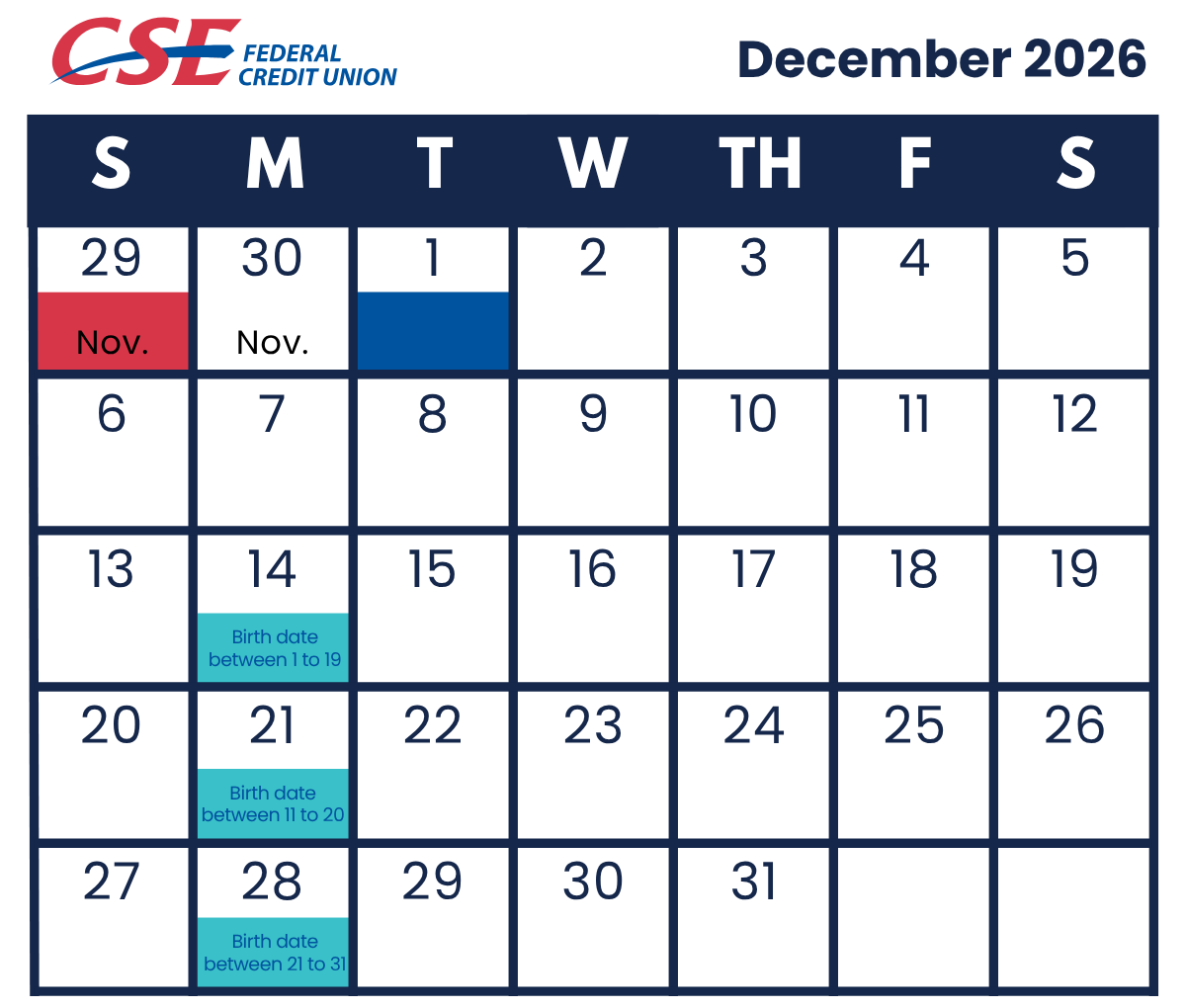 December Deposit Schedule